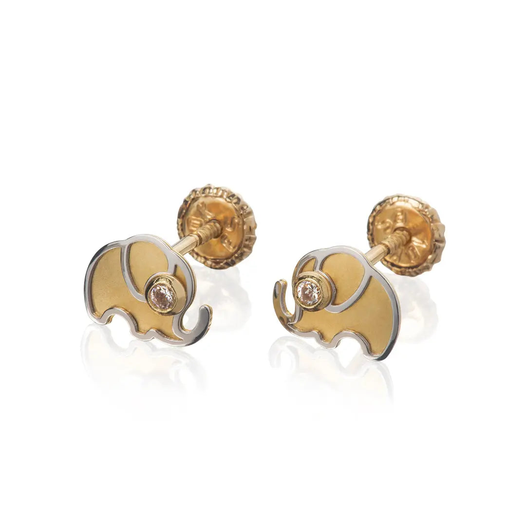 Aretes de oro 14K broquel Elefante oro blanco, amarillo y zirconia GIALLO JEWELRY