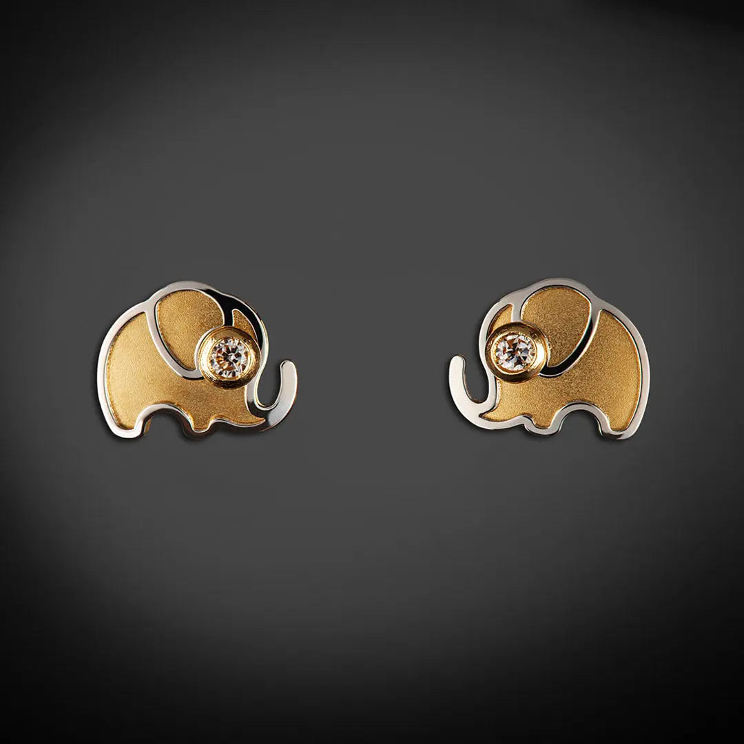 Aretes de oro 14K broquel Elefante oro blanco, amarillo y zirconia GIALLO JEWELRY