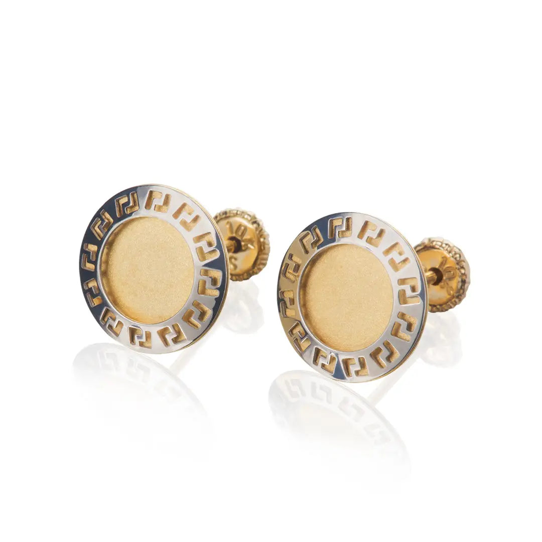 Aretes de oro 14K broquel Grecas oro blanco y amarillo GIALLO JEWELRY