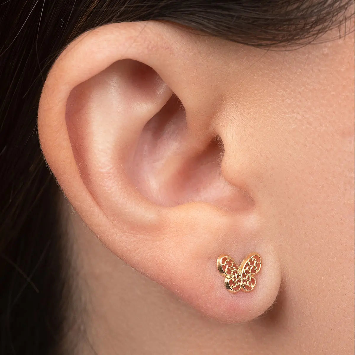 Aretes de oro 14K broquel Mariposa con filigrana oro amarillo GIALLO JEWELRY