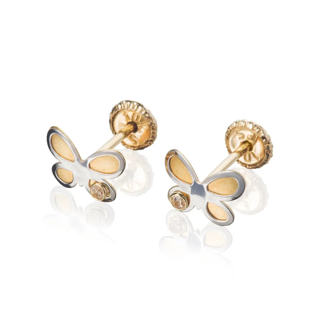 Aretes de oro 14K broquel Mariposas oro blanco, amarillo y circonia GIALLO JEWELRY