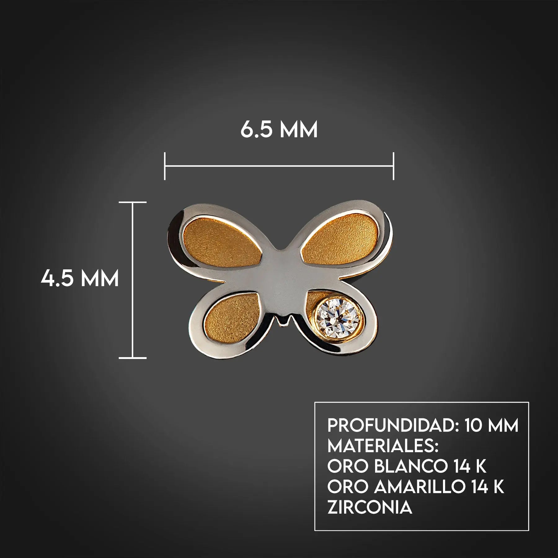 Aretes de oro 14K broquel Mariposas oro blanco, amarillo y circonia GIALLO JEWELRY