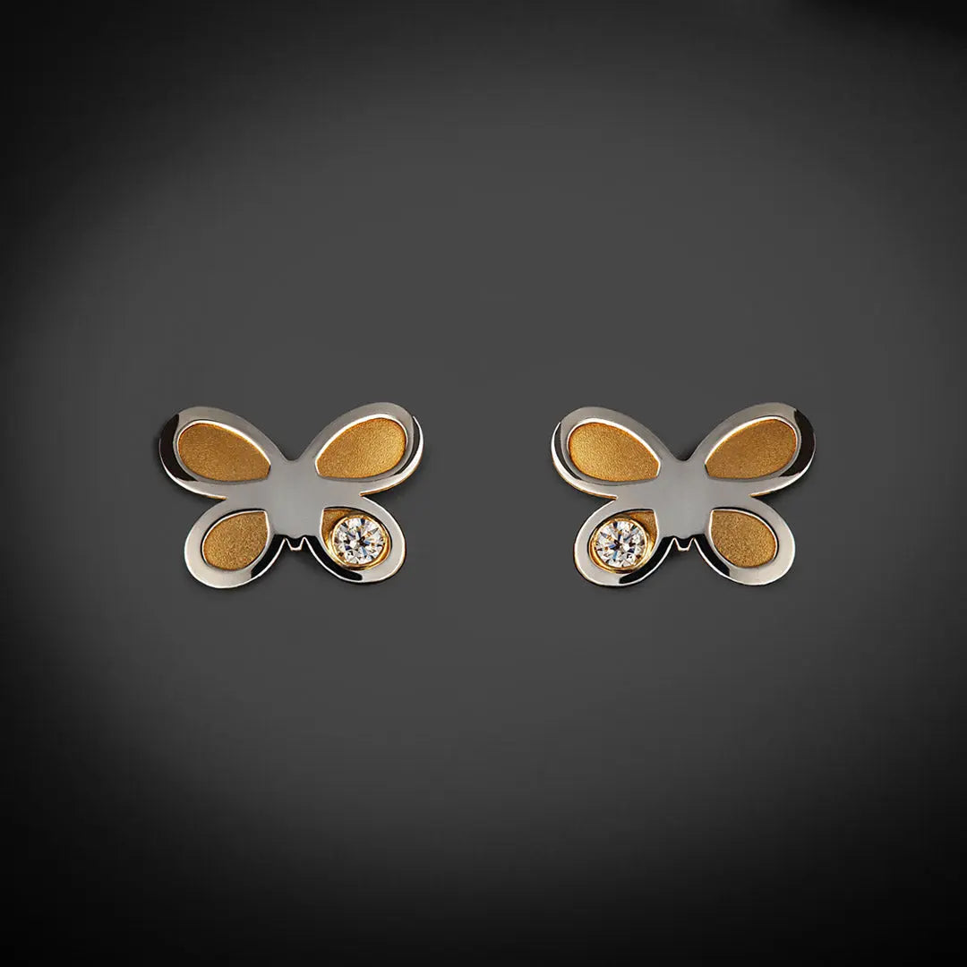 Aretes de oro 14K broquel Mariposas oro blanco, amarillo y circonia GIALLO JEWELRY