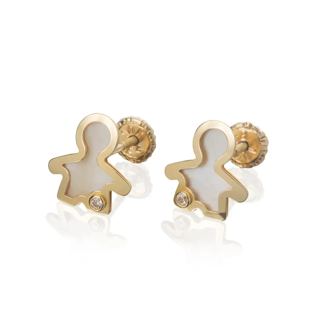 Aretes de oro 14K broquel Niño oro amarillo, madre perla y circonia GIALLO JEWELRY