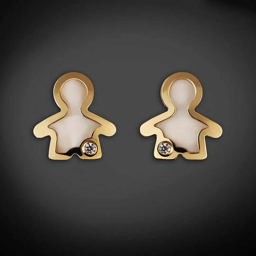 Aretes de oro 14K broquel Niño oro amarillo, madre perla y circonia GIALLO JEWELRY