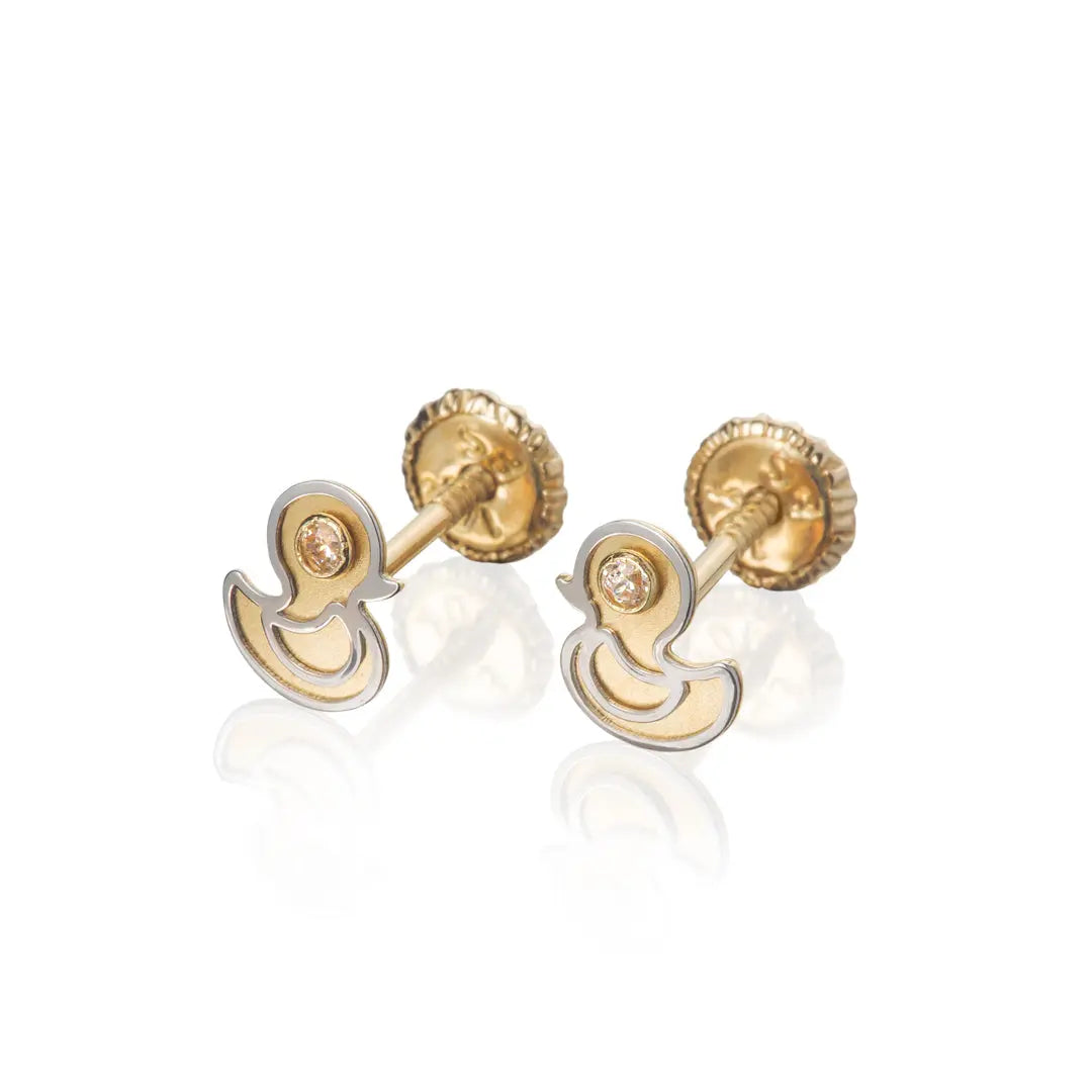 Aretes de oro 14K broquel Patitos oro blanco, amarillo y circonia GIALLO JEWELRY