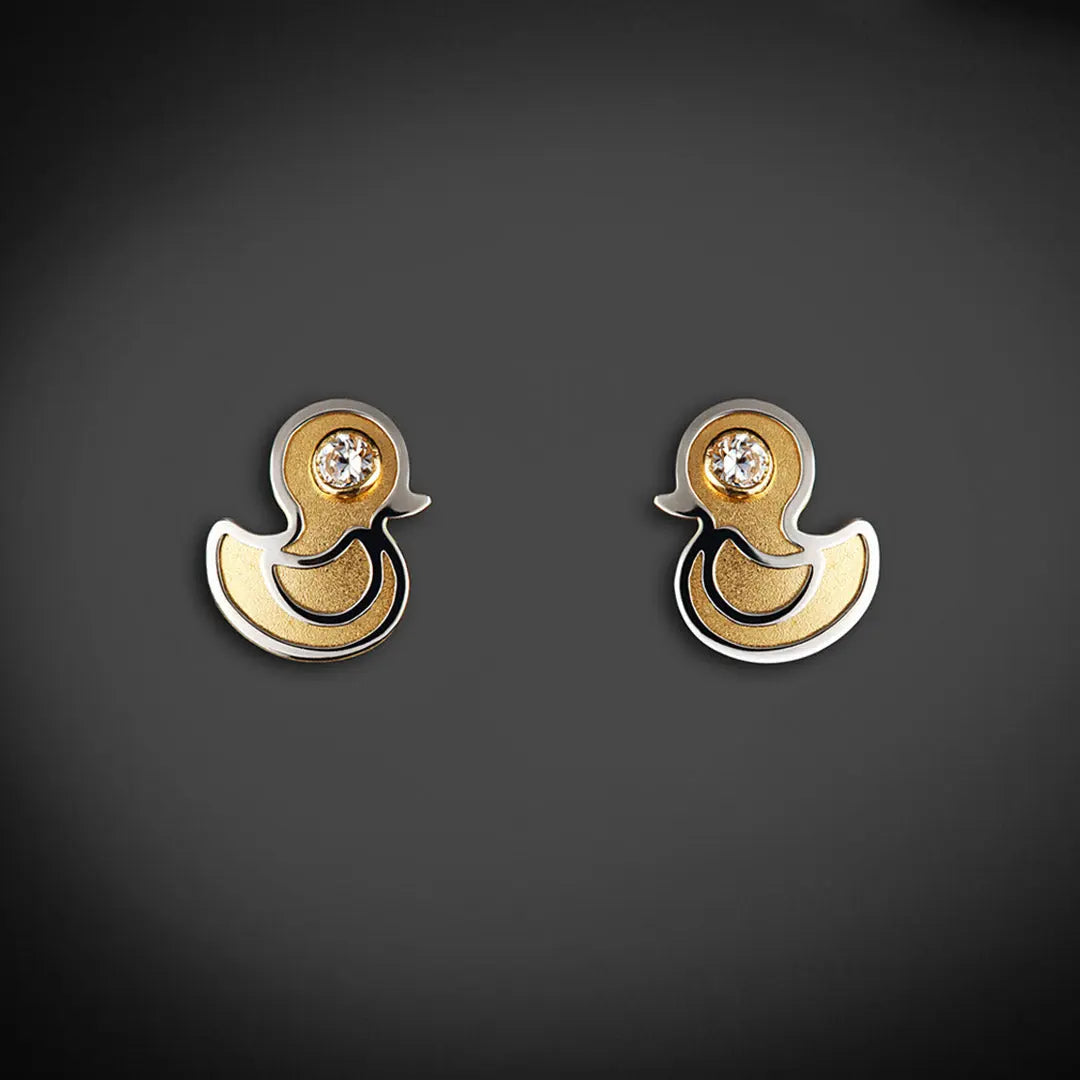 Aretes de oro 14K broquel Patitos oro blanco, amarillo y circonia GIALLO JEWELRY