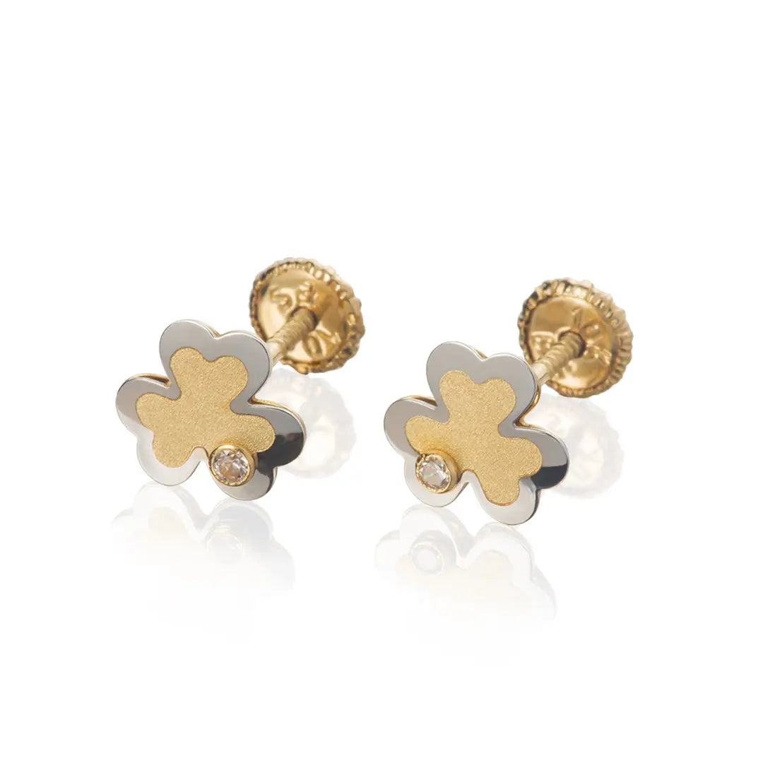 Aretes de oro 14K broquel Tréboles oro blanco, amarillo y circonia GIALLO JEWELRY