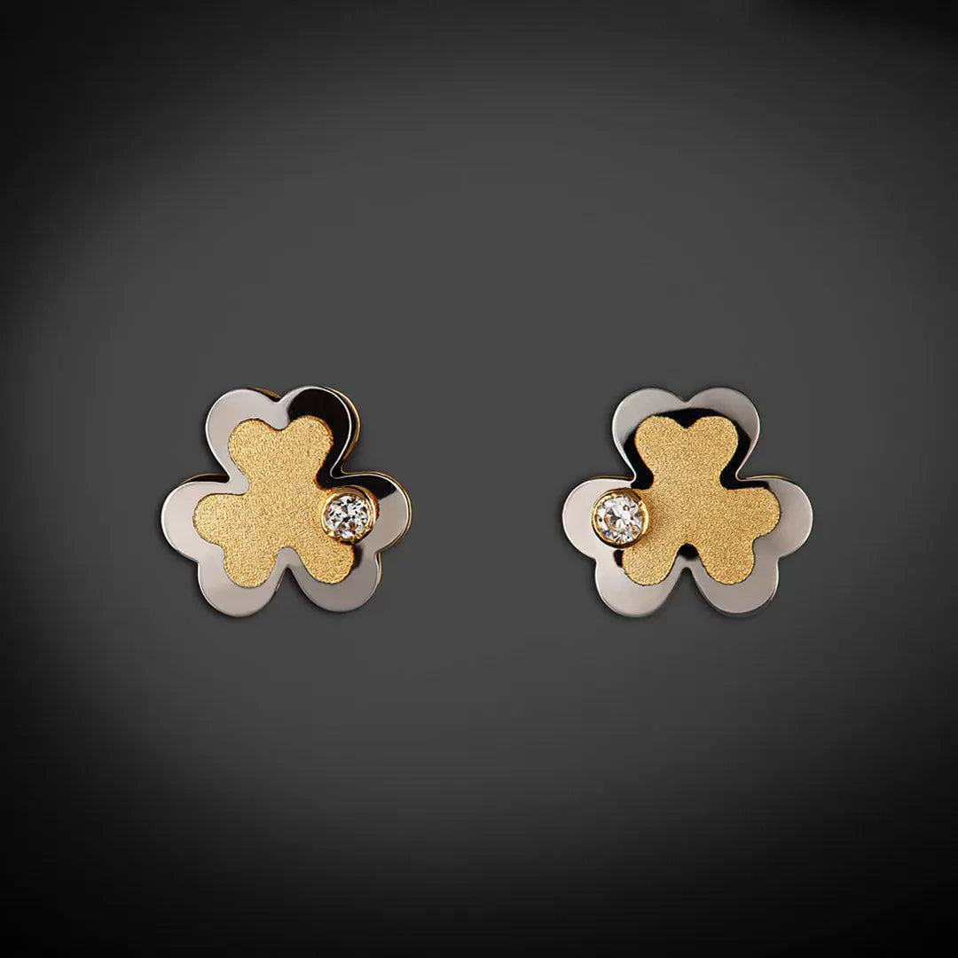 Aretes de oro 14K broquel Tréboles oro blanco, amarillo y circonia GIALLO JEWELRY
