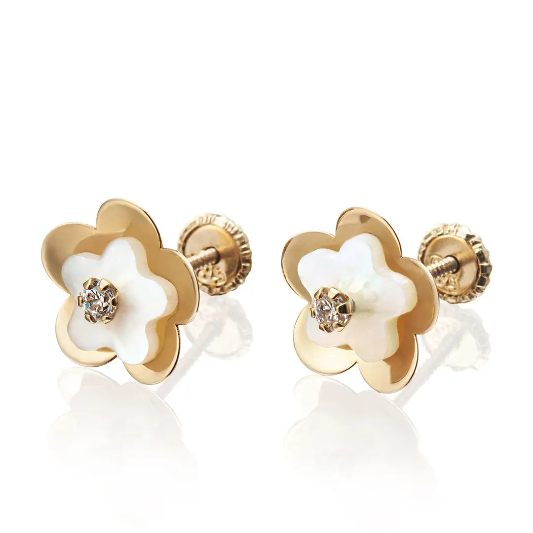 Aretes de oro 14k Broquel Agua de flor con oro amarillo, madre perla y circonia GIALLO JEWELRY