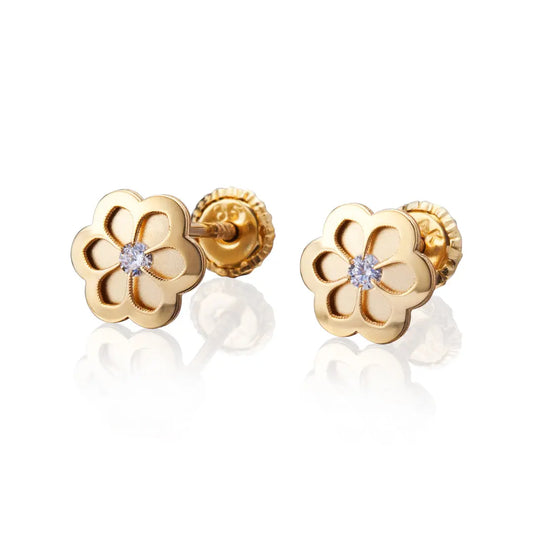 Aretes de oro 14k Broquel Flor trompeda dorada de oro amarillo con circonia GIALLO JEWELRY