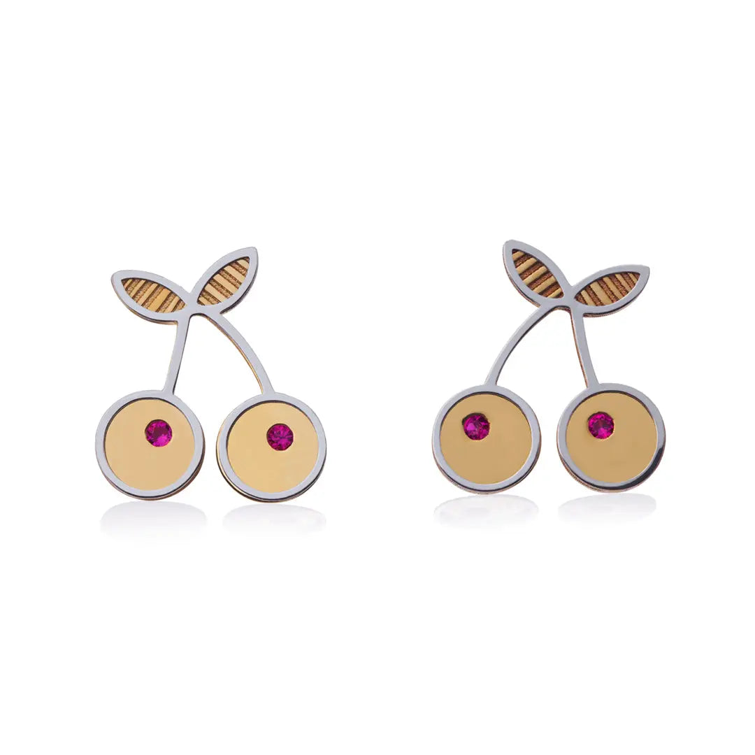 Aretes de oro 14k Broquel GIALLO COLLECTION Cerezas de oro amarillo y oro blanco con cortes diamantados y circonias rojas GIALLO JEWELRY
