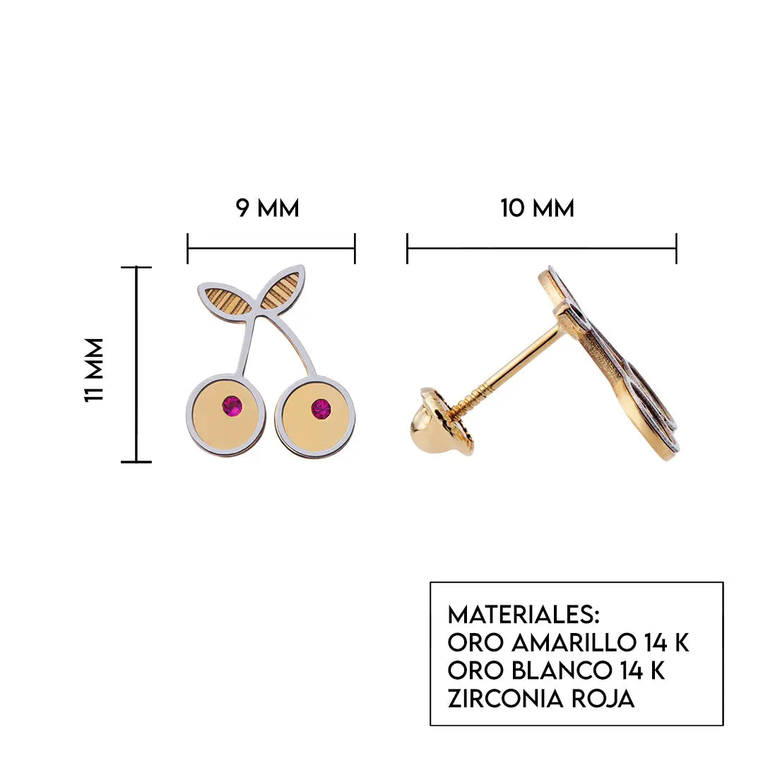 Aretes de oro 14k Broquel GIALLO COLLECTION Cerezas de oro amarillo y oro blanco con cortes diamantados y circonias rojas GIALLO JEWELRY