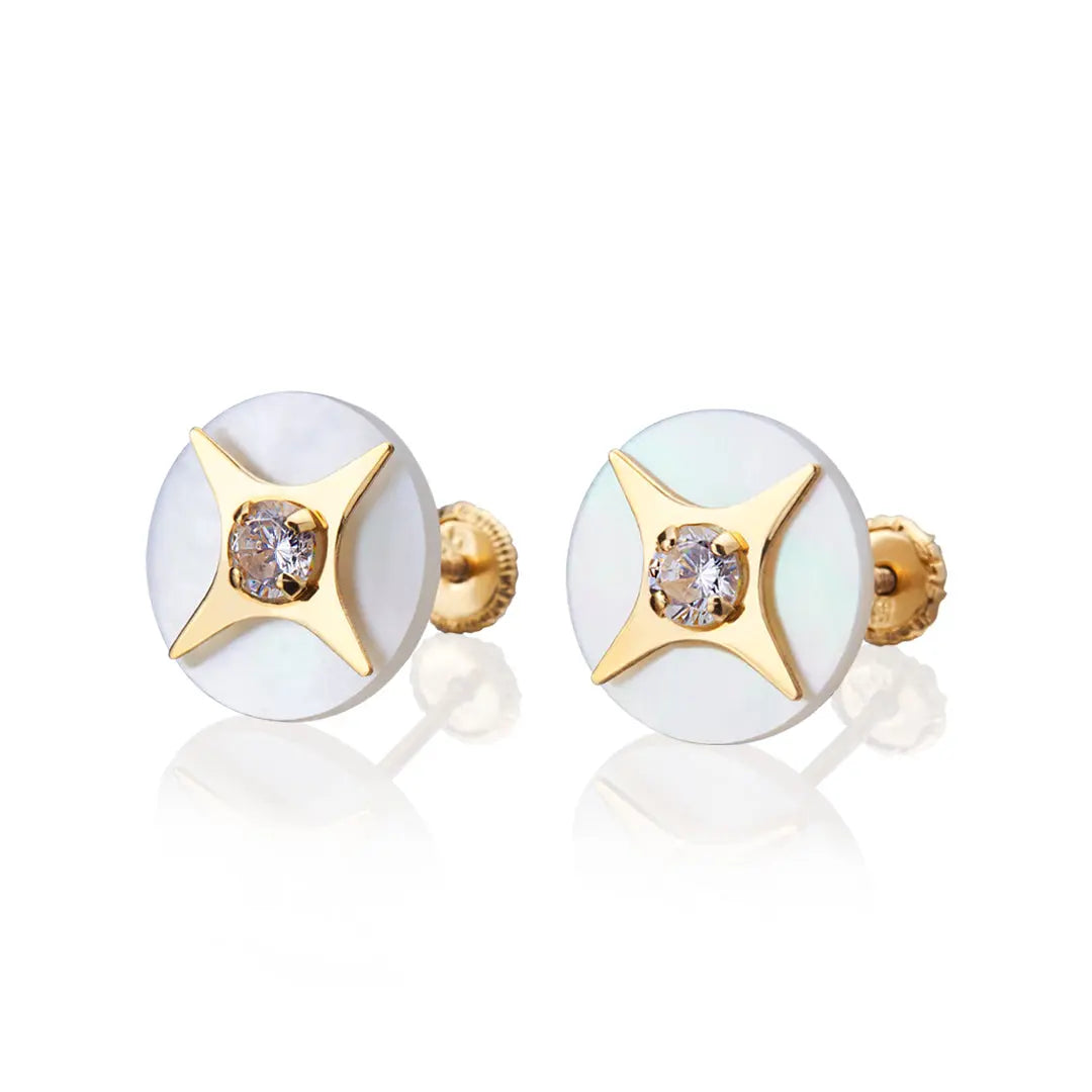 Aretes de oro 14k Broquel GIALLO COLLECTION Estrella de belén de oro amarillo, con madre perla y circonias brillantes GIALLO JEWELRY