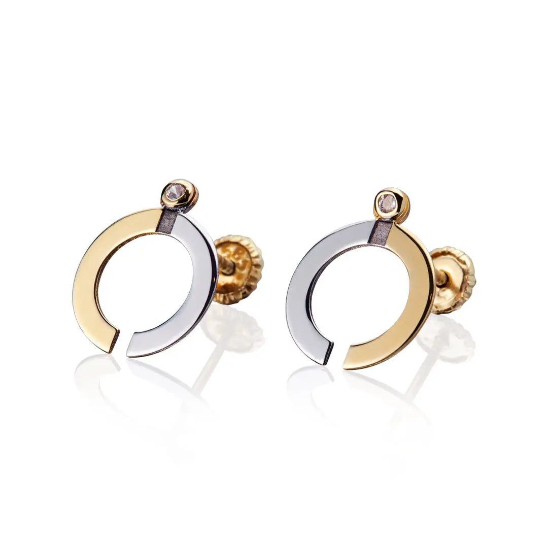 Aretes de oro 14k Broquel GIALLO COLLECTION One de oro blanco y amarillo con circonia GIALLO JEWELRY