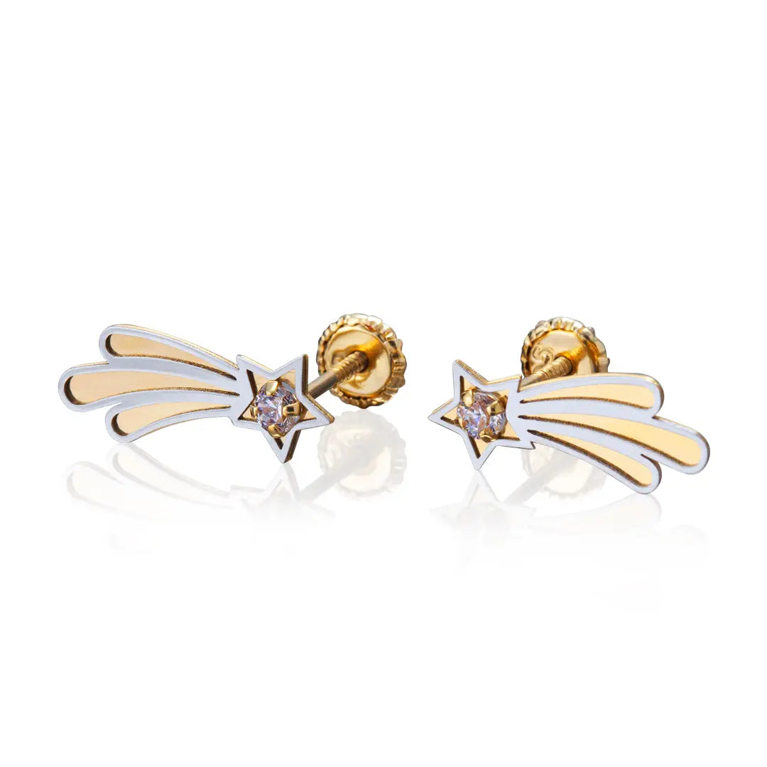 Aretes de oro 14k Broquel GIALLO COLLECTION cometas de oro amarillo, oro blanco y circonias GIALLO JEWELRY
