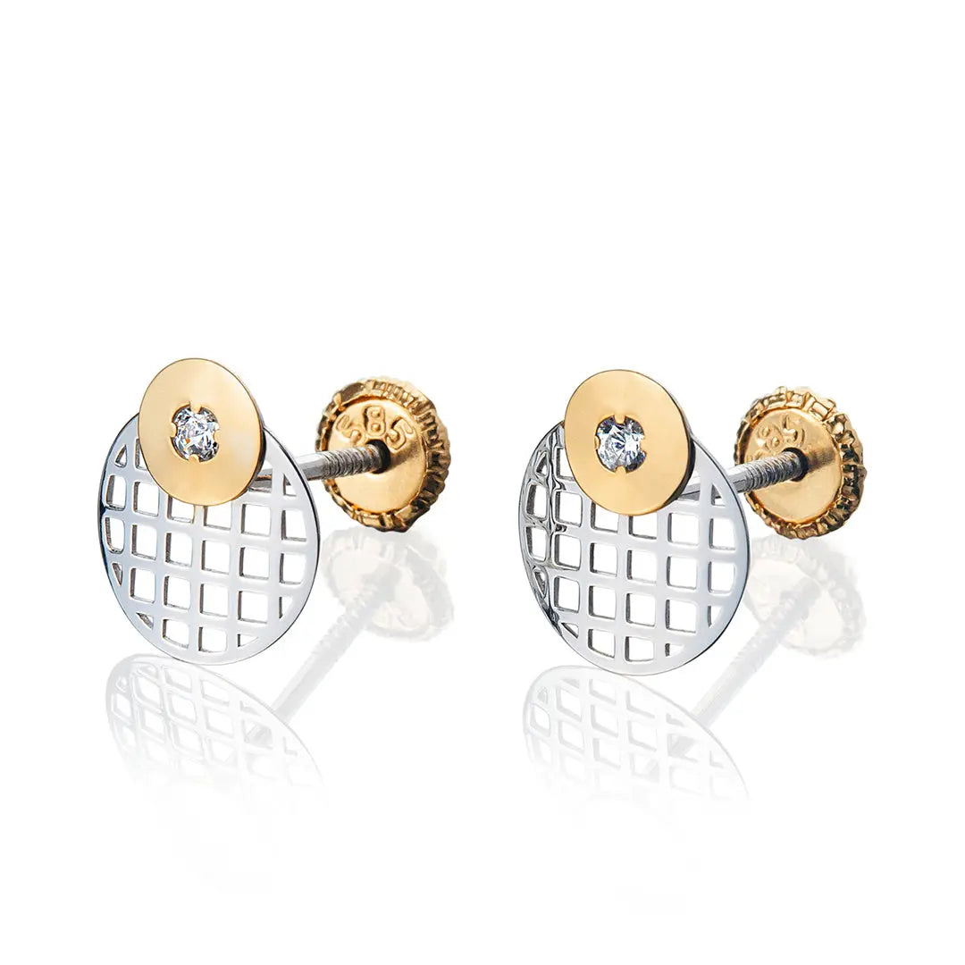Aretes de oro 14k Broquel Ojo con oro amarillo, oro blanco y circonia GIALLO JEWELRY