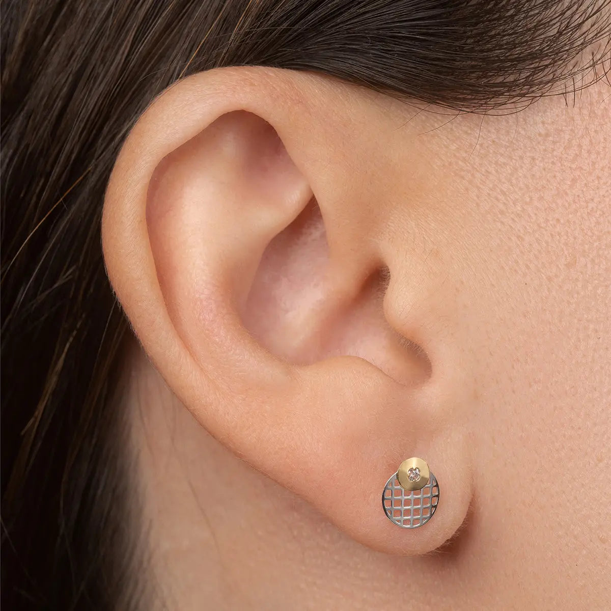 Aretes de oro 14k Broquel Ojo con oro amarillo, oro blanco y circonia GIALLO JEWELRY