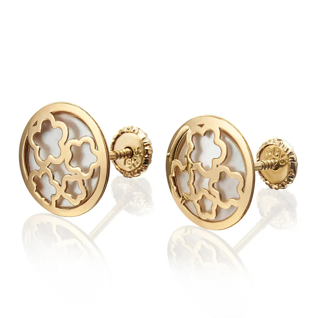 Aretes de oro 14k Broquel Red Floral con oro amarillo y madre perla GIALLO JEWELRY