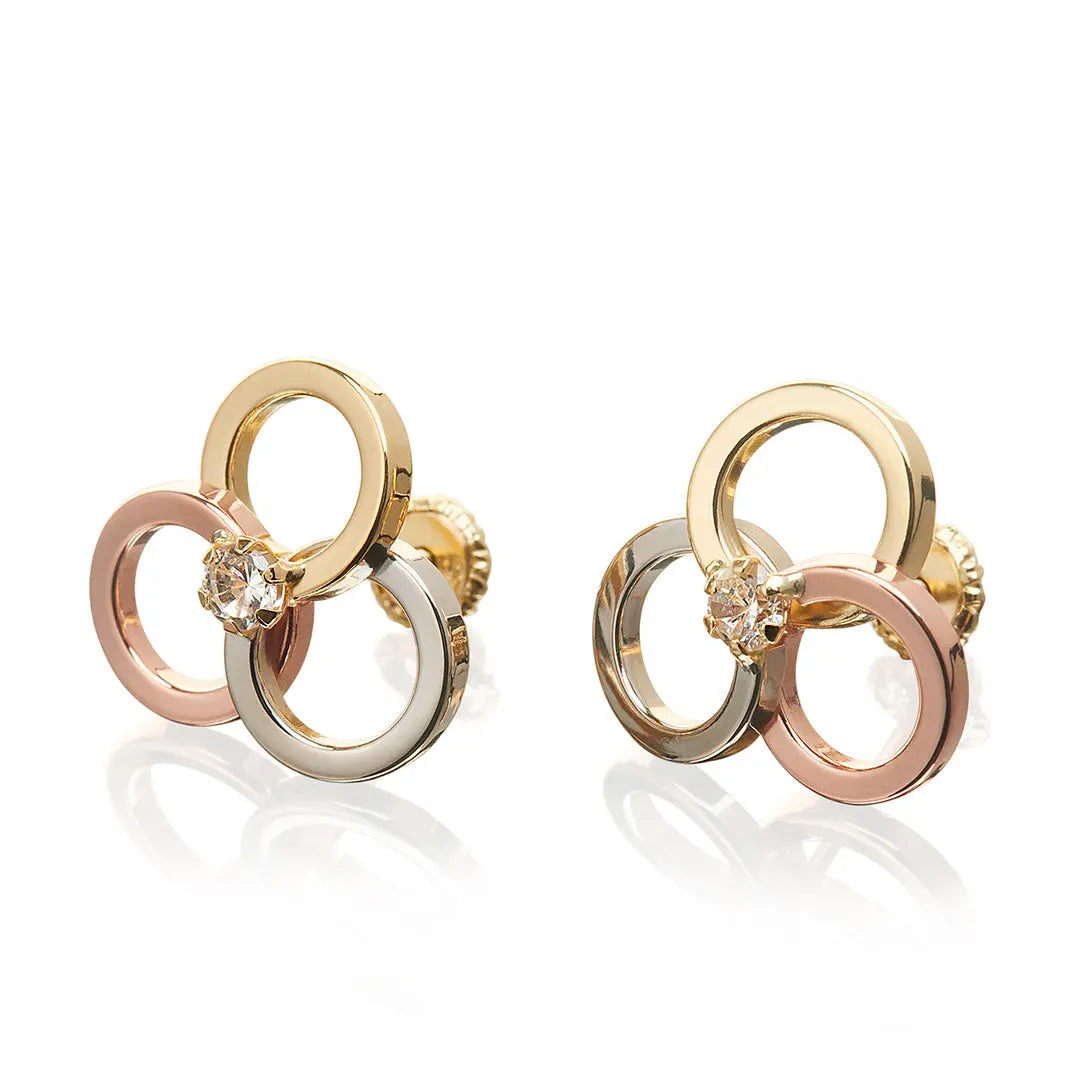 Aretes de oro 14k Broquel Triada de aros con oro amarillo, oro rosado, oro blanco y zirconia GIALLO JEWELRY