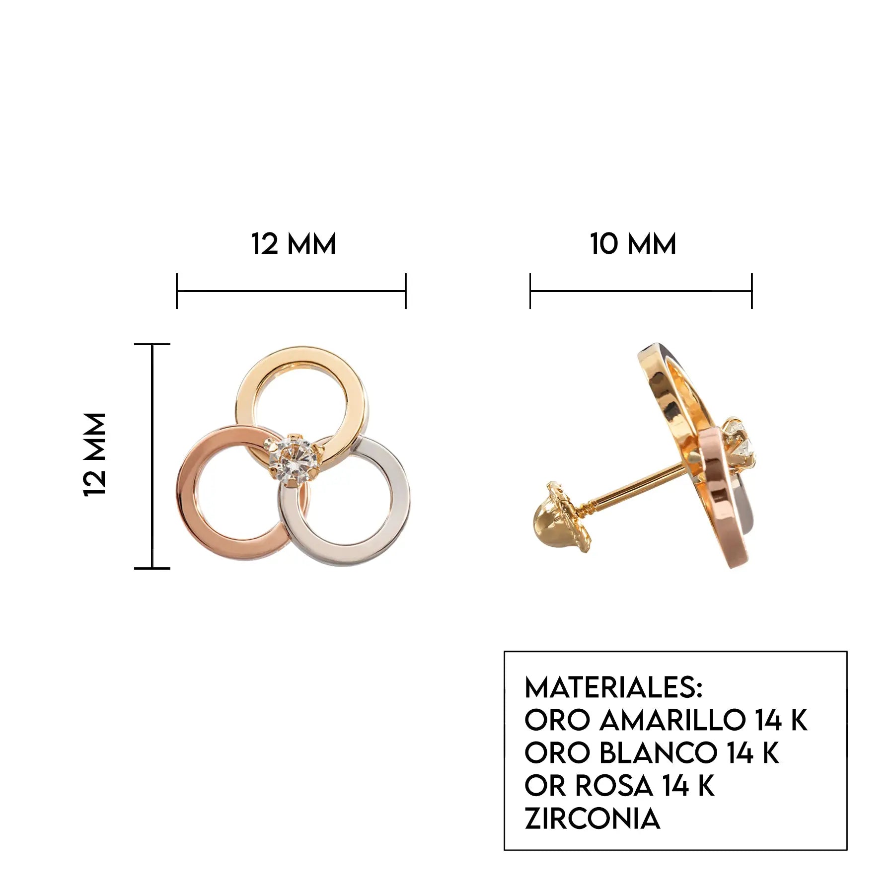 Aretes de oro 14k Broquel Triada de aros con oro amarillo, oro rosado, oro blanco y zirconia GIALLO JEWELRY