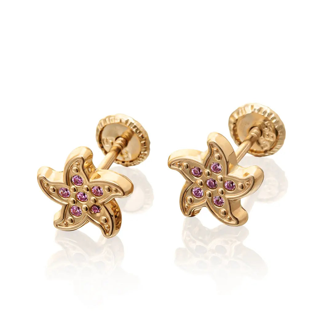 Aretes de oro 14k broquel Estrella de mar con oro amarillo y circonias moradas GIALLO JEWELRY