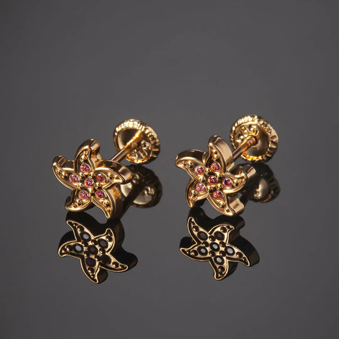 Aretes de oro 14k broquel Estrella de mar con oro amarillo y circonias moradas GIALLO JEWELRY