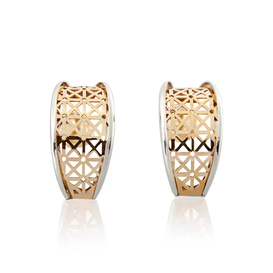 Aretes de oro 14k broquel Hoja con red estrellas oro amarillo brillante y oro blanco brillante GIALLO JEWELRY