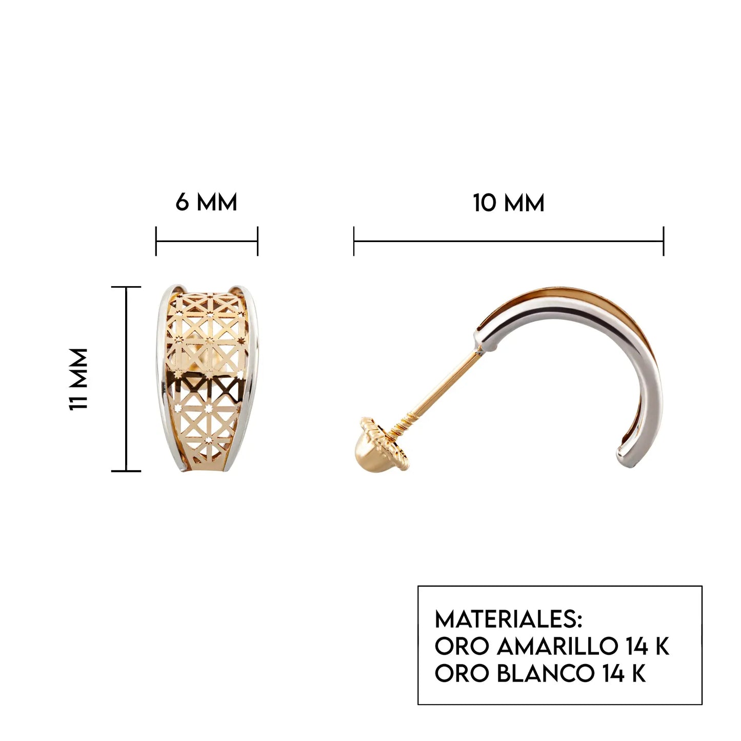 Aretes de oro 14k broquel Hoja con red estrellas oro amarillo brillante y oro blanco brillante GIALLO JEWELRY