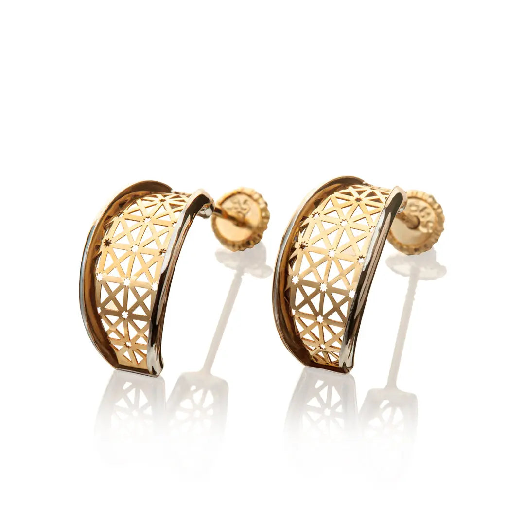 Aretes de oro 14k broquel Hoja con red estrellas oro amarillo brillante y oro blanco brillante GIALLO JEWELRY