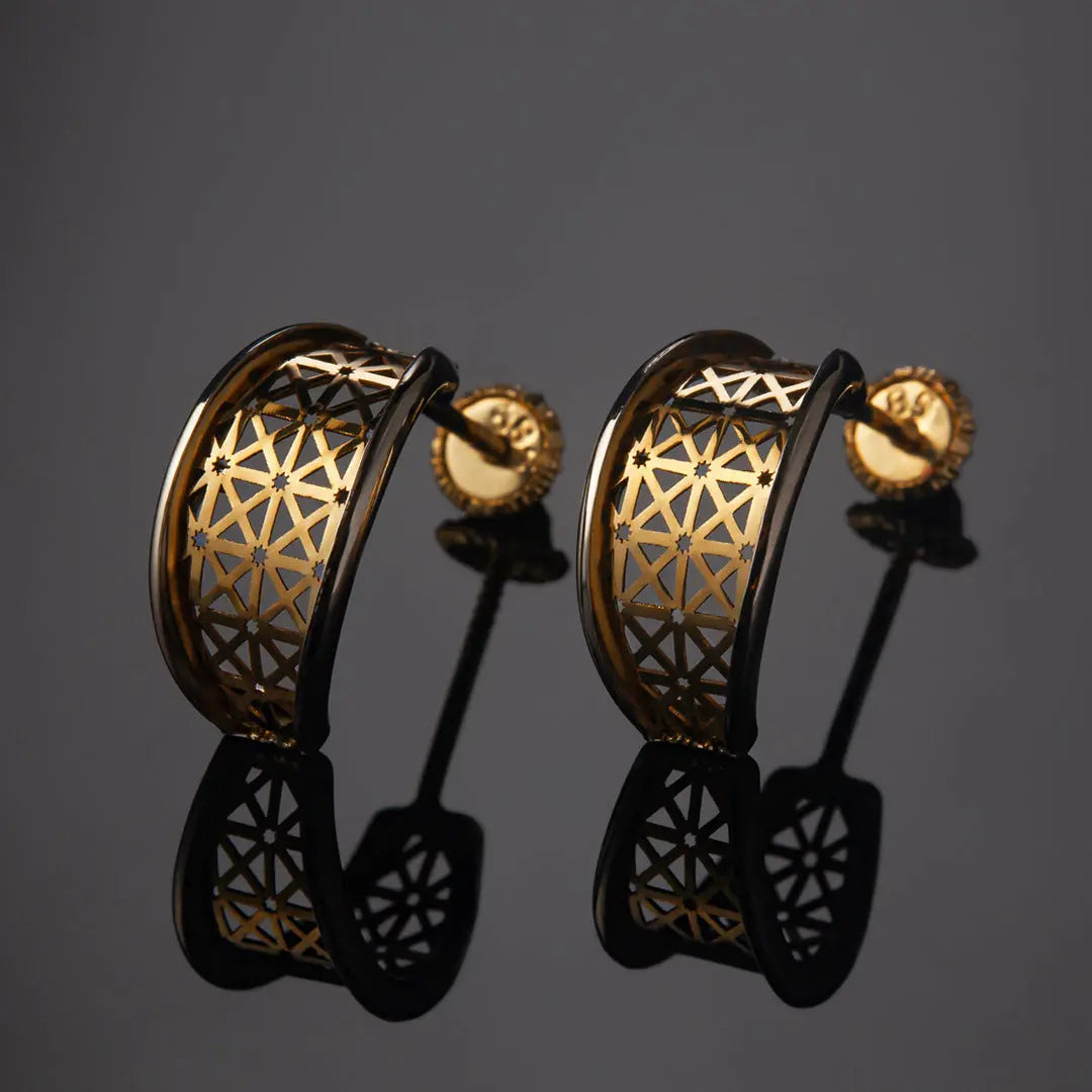 Aretes de oro 14k broquel Hoja con red estrellas oro amarillo brillante y oro blanco brillante GIALLO JEWELRY