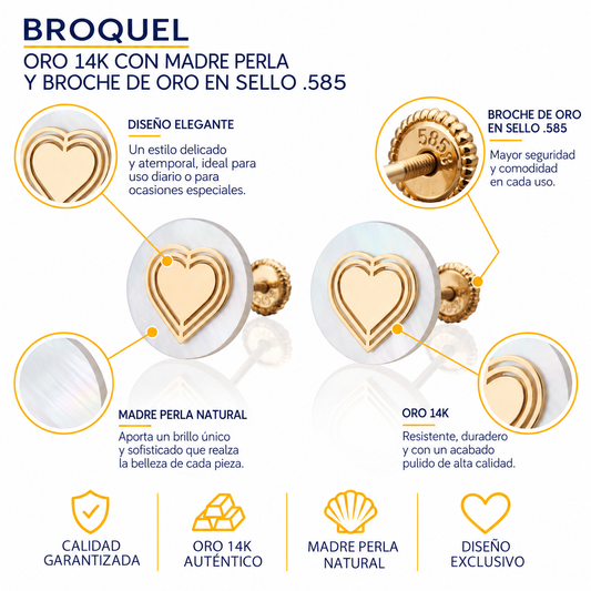 Aretes de oro 14k Broquel GIALLO COLLECTION Latido de corazón de oro amarillo con madre perla